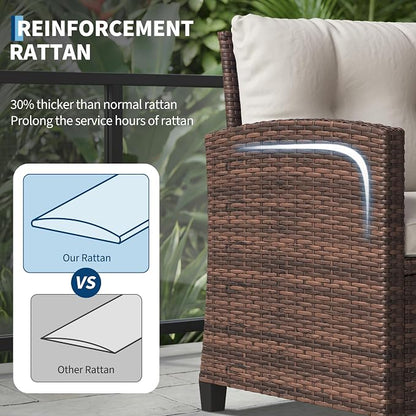 Garvee Outdoor Wicker Chairs,3 Pieces Patio Furniture Set,All Weather High Back Rattan Chairs w/Washable Cushion and Tempered Glass Tabletop for Deck Porch Balcony Backyard Garden,Brown & Beige