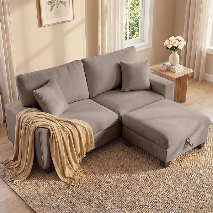 DOPEDIO L-Shaped Sectional Sofa with Storage Ottoman, Modern Chenille Recliner Loveseat, Removable Couch Covers, Pocket Spring Cushions, Solid Wood Frame, Easy to Install (88.58inch, Brown)