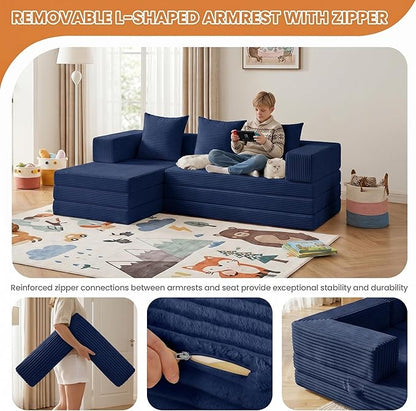65" Modular Sectional Sofa, Boneless Convertible Sleeper Sofa Bed, Modern Tri-Folding Cloud Couch with L-Shape Chaise, Corduroy Futon Couches for Small Spaces Apartment,No Assembly,Blue