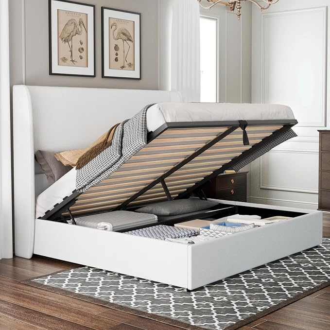 Jocisland Queen Size Bed Frame Lift Up Storage Bed Linen Upholstered Bed Frame with Hydraulic Storage/Wingback Headboard/No Box Spring Needed/White