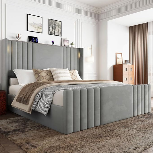 Queen Bed Frame with 55.1" Tall Headboard, Velvet Upholstered Platform Bed with Channel Tufted Wingback, 2 Reading Lights/Storage Shelf/Charging Station/Easy Assembly/Noise-Free, Grey