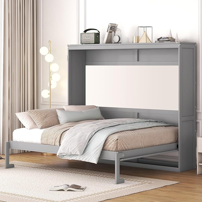 Merax Modern Farmhouse Solid Wood Murphy Bed Chest | Wall Bed with Wood Slat Support/ No Box Spring Needed/ Space Saving/ Queen,Gray