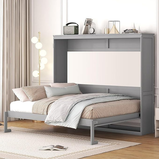 Merax Modern Farmhouse Solid Wood Murphy Bed Chest | Wall Bed with Wood Slat Support/ No Box Spring Needed/ Space Saving/ Queen,Gray