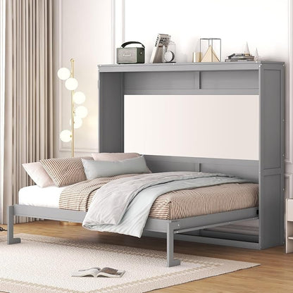 Ball & Cast Queen Size Murphy Bed,Hideaway Beds with Dual Piston Metal Folding Mechanism Designed,Wood Wall Cabinets Bedframe w/Slat Support and Storage Platform Top,Hardware Chain,for Apartment,Gray