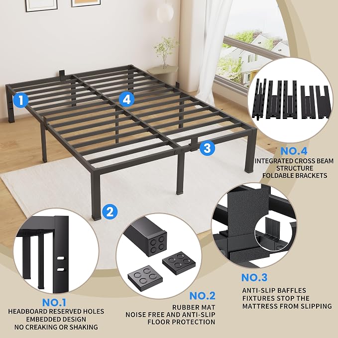 MAF Queen Bed Frame Size 14 Inch Metal Heavy Duty Platform Bedframe with Steel Slats Support Noise Free Queen-Bed-Frame, No Box Spring Needed
