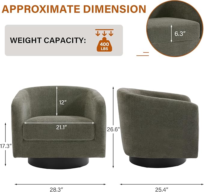 Swivel Accent Chairs Set of 2, Chenille Barrel Chair Upholstered Armchair for Living Room, Modern Round Arm Chair Small Single Sofa Bedroom Reading Seat - Tan