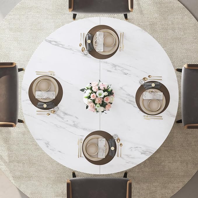 IBF 47" Round Dining Table with Storage, White Faux Marble Kitchen Tables for 4-6 People, Modern Dining Room Table with Fridge Space, Wood Circle Dinner Tables for Home, White Marble, Only Table