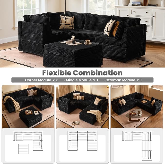 ovios Modular Sectional Sofa Couch with Sofa Bed L-Shape Chaise, Comfy Plush Corduroy Cloud Couches, Modern Luxury Deep Seat Sofas Set for Living Room, 5-Seater, Black