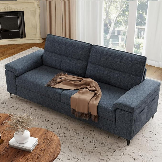 Upvilla 88.97" Modern Sofa Couch for Living Room, Deep Seat Sofas with 8”Cushion, Comfy 2-Seater Chenille Loveseat with Convertible Armrest, Removable Sofa Cover, High Leg (Blue)