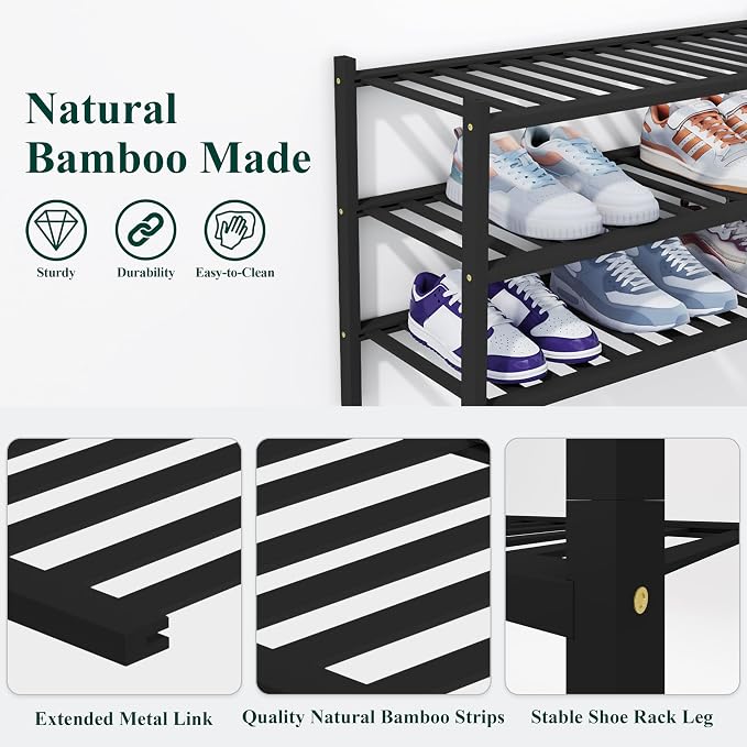 Smiry Bamboo Shoe Rack, 3 Tier Free Standing Wooden Shoe Organizer, Stackable Wood Shoe Storage Shelf for Closet, Entryway, 14 Vertical Slats, 2+1 Stack Heavy-Duty Legs, 26.8"x11"x19.5", Black
