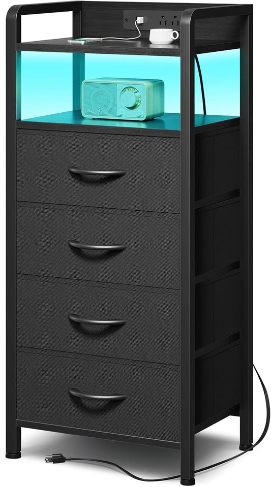 Lazzanto Night Stand Bedside Table Bedroom - Tall Nightstand with Charging Station & LED Light Strip, Bed Side Table with Shelf & Drawers, 2 U-S-B Ports & 2 AC Outlets, Black