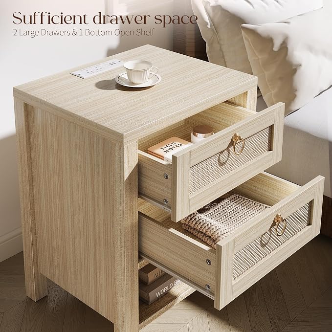 Rattan Night Stand with Drawers - Boho Nightstand with Charging Station, Bedside Table with Storage Shelf, Accent Side Table End Tables Living Room, Wood Nightstands for Bedroom, White Oak