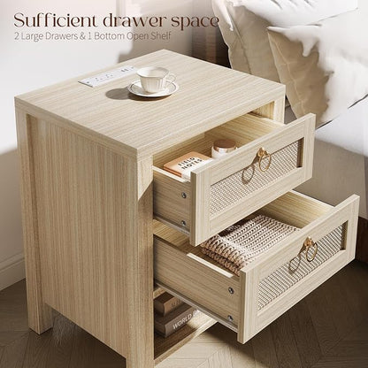 Rattan Night Stand with Drawers - Boho Nightstand with Charging Station, Bedside Table with Storage Shelf, Accent Side Table End Tables Living Room, Wood Nightstands for Bedroom, White Oak