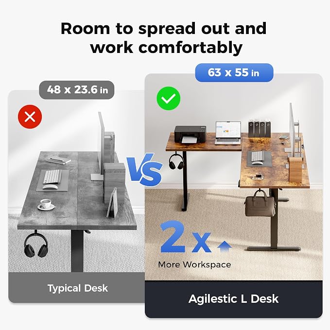 Agilestic Electric L Shaped Standing Desk 63 x 55 Inch with Power Outlet, Height Adjustable Corner Stand up Desk with Cable Management,Sit Stand Home Office Workstation with Splice Board, Rustic Brown