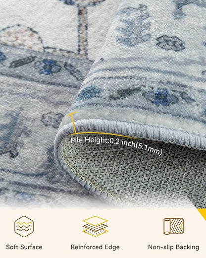 RELEANY Area Rugs Round 8ft Washable Non-Slip, Floral Vintage Distress Medallion Carpet for Living Room Bedroom Dining Room, Light Blue Navy Gray White