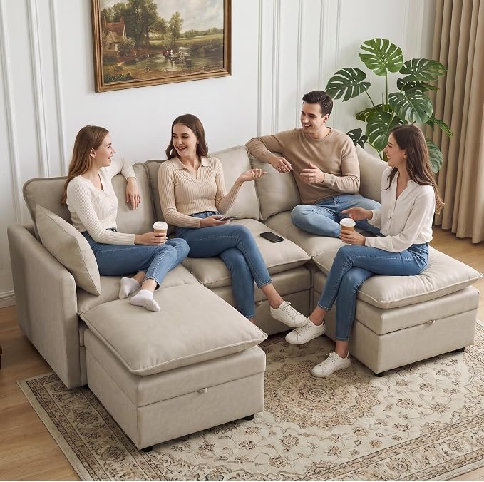 80" Beige Faux Leather Storage 3 Seater Sofa with 2 Ottomans, Comfy Couch | Convertible Modular Sectional Sofa, U Shaped Oversized Couch, Upholstered Large Cloud Couch For Living Room, Apartment.