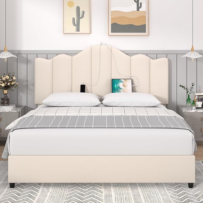 VECELO Queen Bed Frame with Adjustable Headboard, Heavy-Duty Upholstered Platform with Strong Wood Slats, No Box Spring Needed, Easy Assembly, Pure Beige