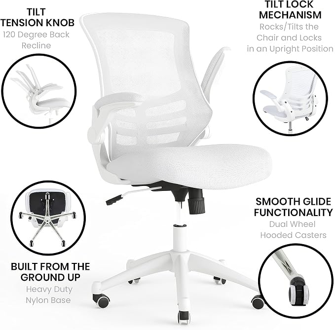 Flash Furniture Kelista Mid-Back Swivel Office Chair with Adjustable Lumbar Support and Seat Height, Ergonomic Mesh Desk Chair with Flip-Up Armrests, White
