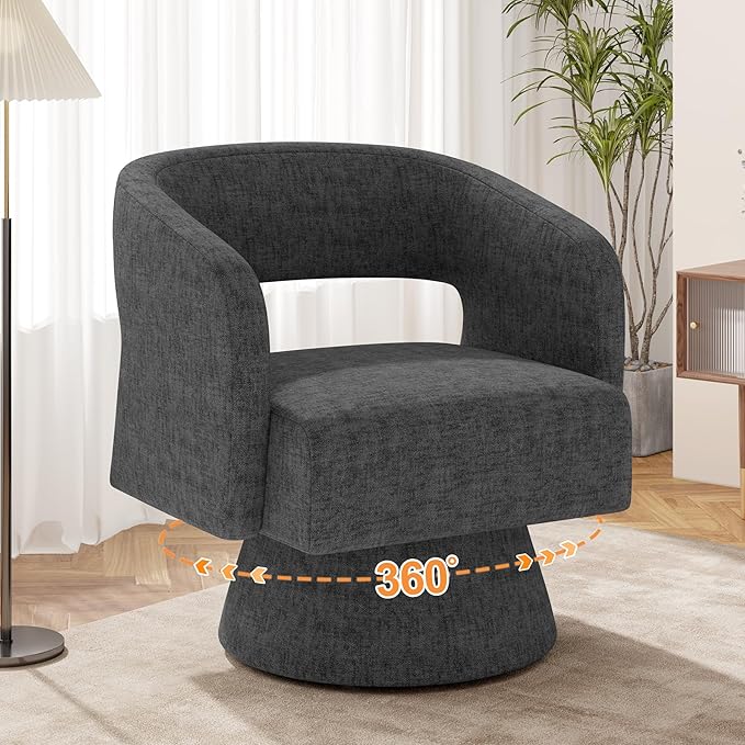 Luxanimarion Swivel Barrel Accent Chair,Oversized Chenille Upholstered Round Swivel Chair,Modern Luxury 360 Degree Living Room Vanity Chair for Bedroom Office,Black,1PCS