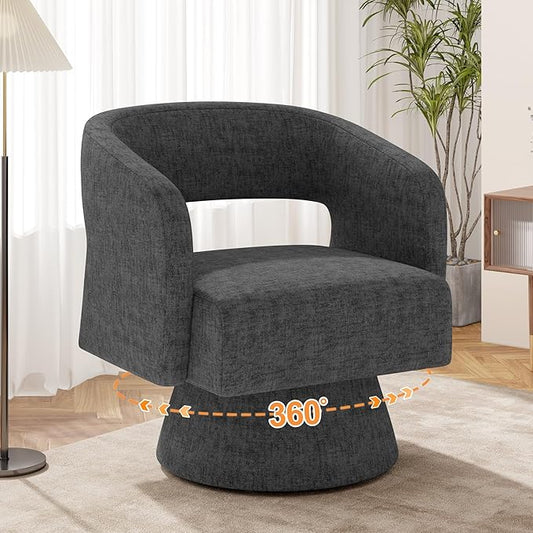 Luxanimarion Swivel Barrel Accent Chair,Oversized Chenille Upholstered Round Swivel Chair,Modern Luxury 360 Degree Living Room Vanity Chair for Bedroom Office,Black,1PCS