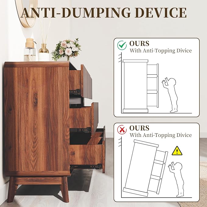 3-Piece Farmhouse Bedroom Storage Set, 9-Drawer Dresser & Nightstands Set of 2 with Charging Station, Handle-Less Design, Rounded Corners, Anti-Tip Safety Furniture, Walnut