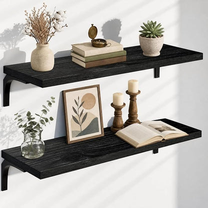 12 Inch Deep Floating Shelves Set of 2, 36 Inch Extra Wide Black Solid Wood Wall Shelves with 100 lbs Capacity, Heavy Duty Farmhouse Wall Mounted Shelving for Kitchen, Living Room & Bathroom