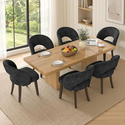 Dining Chairs Set of 6, Mid Century Modern Dining Chairs with Solid Wood Legs, Curved Back Kitchen Chair Farmhouse Side Upholstered Chairs for Kitchen Dining Room, Black