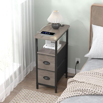 sthmec Narrow End Table with Charging Station, Narrow Side Table with 2 Fabric Drawers, Slim Nightstand, Skinny Bedside Table, Small Side Table for Small Spaces, Living Room, Bedroom, Grey