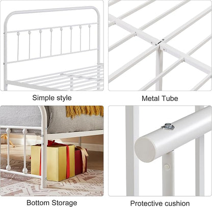 VECELO White Metal Bed Frame Queen Size with Vintage Headboard and Footboard, No Box Spring Needed, Premium Stable Steel Slat Support Mattress Foundation