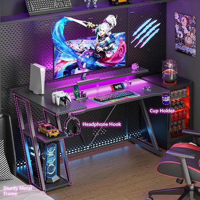 Korfile 55 Inch Gaming Desk with Power Outlet & LED Lights, L Shaped Gamer Computer Table with Storage Shelves for Bedroom, Corner Home Office Desk, Carbon Fiber Black