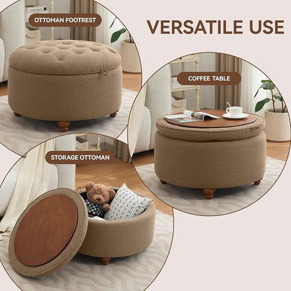 WUTUTUEE 30Inch Round Storage Ottoman with Tray, Modern Tufted Fabric Circle Coffee Table with Storage, Upholstered Ottoman with Removable Top for Living Room, Bedroom, Brown