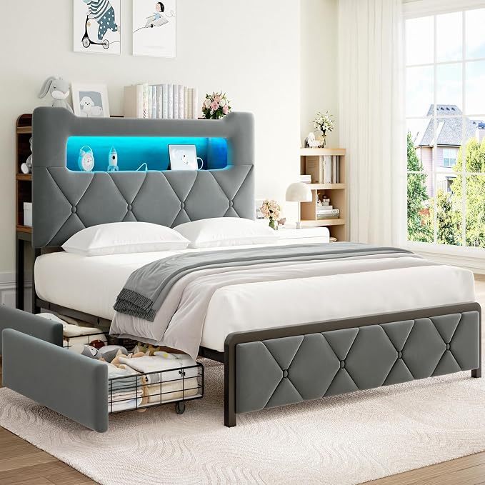 Jocoevol Full Upholstered LED Bed Frame with 2 Storage Drawers and 2-Tier Storage Headboard, Velvet Platform Bed with Charging Station & Bookcase, Corner Bed Frame, Heavy Duty Metal Support, Grey