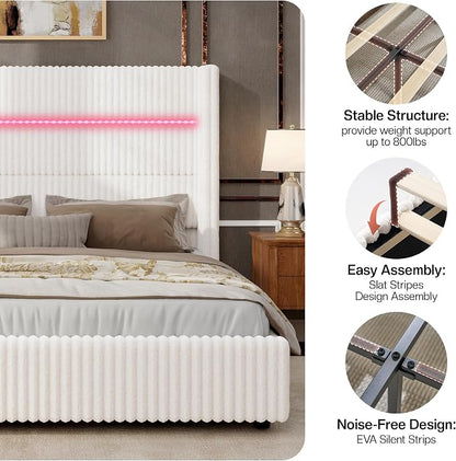 Jocisland Full Size Corduroy Upholstered Bed Frame with 4 Storage Drawers & 51.2" Tall Wingback Headboard, LED Platform Bed with Charging Station, Easy Assembly, No Box Spring Needed, White