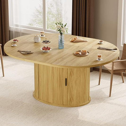 Dining Table for 4-6, 63“Extendable Round Dining Room Kitchen Table with 2-Tier Storage Shelf, Fluted Wood Table with Slide Door, Expandable Wood Oval Dinner Furniture with Pedestal Base (Oak)