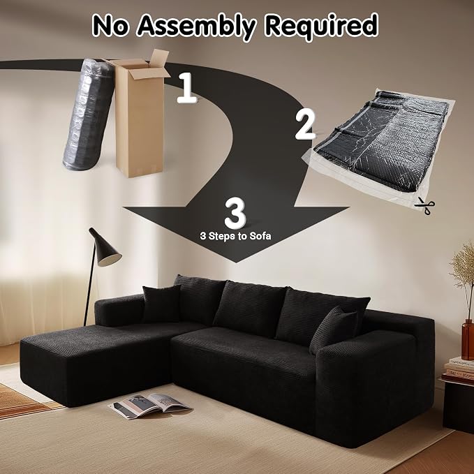 ovios 104" Cloud Boneless Couch with L-Shape Chaise,Modern Sectional Modular Sofa with Deep Seat, Upholstered Couches for Living Room Bedroom,No Assembly Required, Black (Corduroy Fabric)