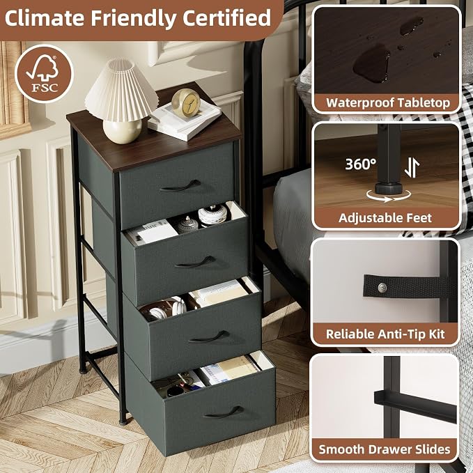 Somdot Dresser for Bedroom with 4 Drawers, Storage Organizer Chest of Drawers with Removable Fabric Bins for Closet Bedside Living Room Laundry Entryway Hallway, Charcoal Grey
