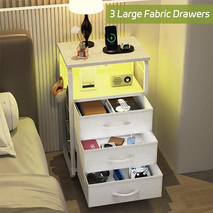 runjuly Bed Side Table with 3 Fabric Drawers, White Night Stand, LED Nightstand with Hooks, Bedside Table with Charging Station, End Table with Storage, Night Table for Bedroom, Dorm