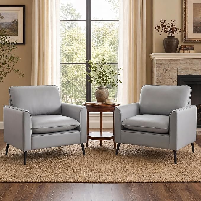 TYBOATLE Accent Chairs Set of 2, Faux Leather Chairs, Mid Century Modern Comfy Living Room Chairs, Cozy Office Reading Chair, Reception Armchairs for Office, Bedroom, Waiting Room (Grey) (2)