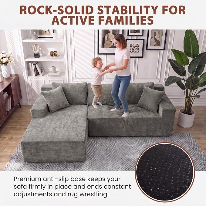 Homall 110" Boneless Sectional Couch, Modular Sectional Sofa L-Shape Couch with Deep Seat, Cloud Comfy Boneless Couch for Living Room, No Assembly Required (Chenille, Grey)