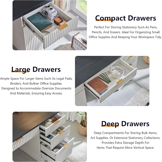 58" Modern Executive Desk with 5 Drawers & 1 Cabinet, Built‑in Outlet | Fluted Computer Writing Desk for Study, Living Room, Bedroom, Antique White
