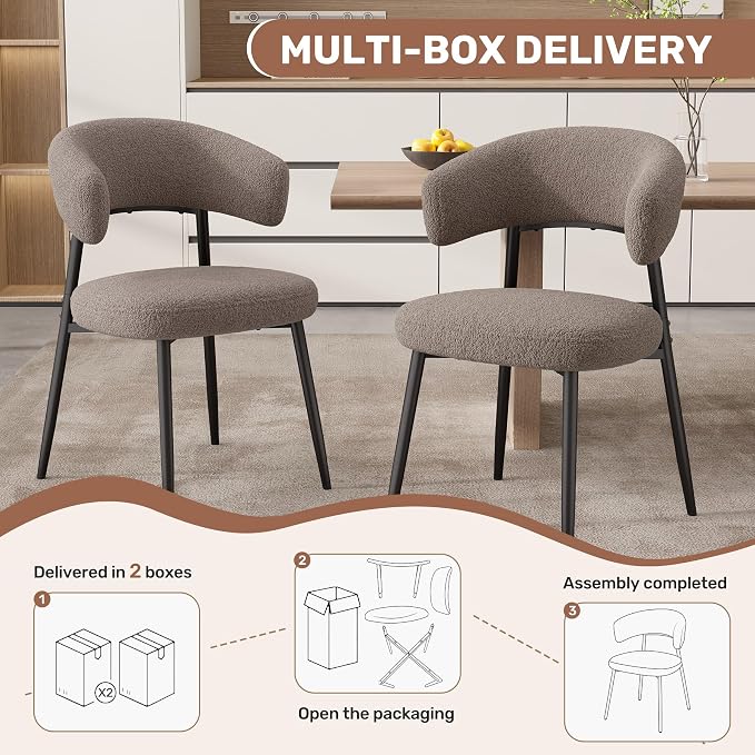 Dining Chairs Set of 2, Mid Century Modern Kitchen Chairs, Boucle Upholstered Dining Chair with Curved Backrest & Metal Legs for Kitchen Dining Room, Brown