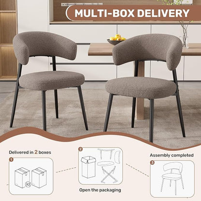 Dining Chairs Set of 4, Mid Century Modern Kitchen Chairs, Boucle Upholstered Dining Chair with Curved Backrest & Metal Legs for Kitchen Dining Room, Brown