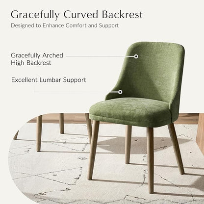 Upholstered Dining Chairs Set of 6, Fabric Dining Room Chairs with Curved Backrest, Solid Wood Legs, Modern Kitchen Chairs for Dining Room Living Room, Moss