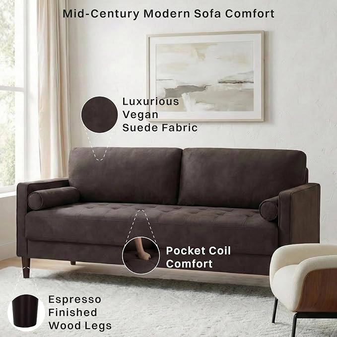 Studio Living® Lexington 75.6" Sofa, Modern Design, Pocket Coil Comfort, Easy Assembly, Faux-Suede Fabric, Charcoal