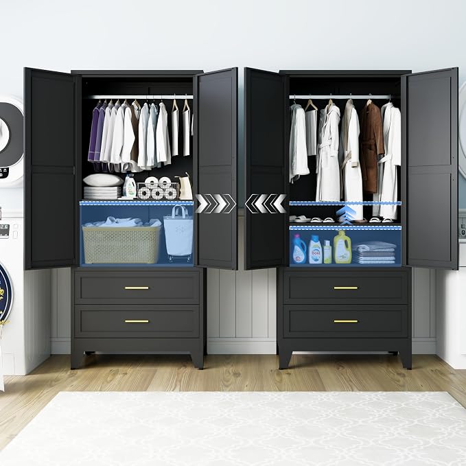Steel Armoire Wardrobe Closet with 2 Drawers, 71" Metal Wardrobe Cabinet with Adjustable Shelves and Hanging Rod for Bedroom, Black Metal Clothing Storage Cabinets with 2 Doors
