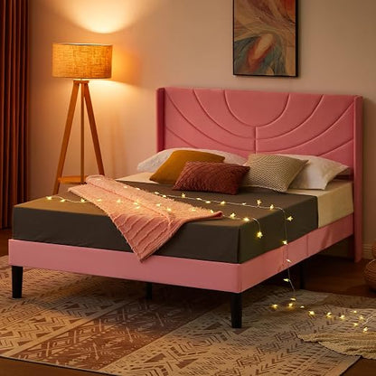 VECELO Queen Size Bed Frame Upholstered Platform with Fabric Headboard/Wooden Slats Support/No Box Spring Needed/Mattress Foundation,Pink