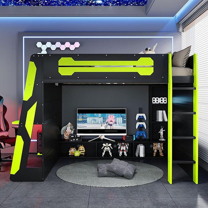 Merax Full Size Loft Bed with Desk, Multi-Storage Shelves and RGB Light | Space-Saving Wooden Gaming Bed Frame with Charging Station and Guardrail