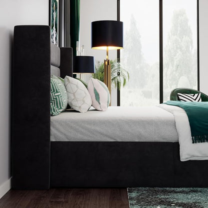 SHA CERLIN Queen Size Lift Up Storage Bed/Velvet Upholstered/Modern Wingback Headboard/Upholstered Platform Bed Frame/Hydraulic Storage/No Box Spring Needed/Black