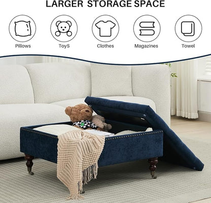 Large Square Storage Ottoman Uphlostered Tufted Button Coffee Table, Oversized Footrest Bench with Castered Rolling Wheels for Living Room, Dark Blue Chenille Waterproof