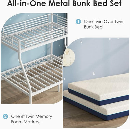 SDHYL Bunk Bed with Mattresses Twin Over Full Size,Heavy Duty Metal Bunk Beds for Adult,with Guardrail & Ladder,Perfect for Dorm Rooms,White